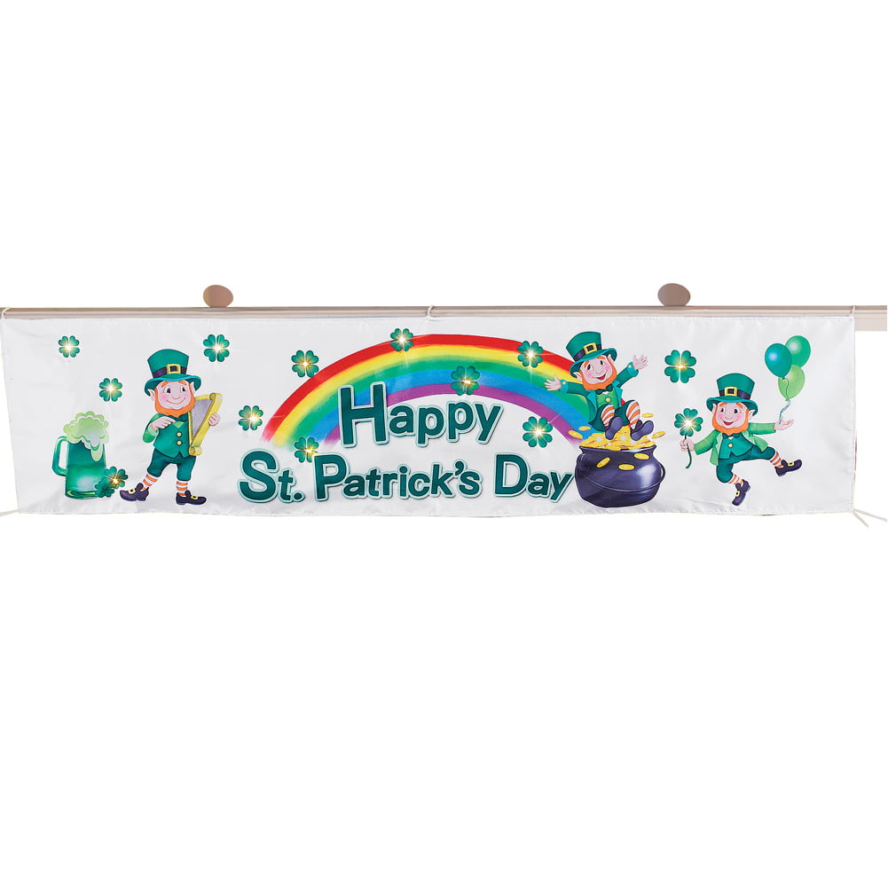LED Lighted "HAPPY ST PATRICK'S DAY" Leprechauns & Shamrocks Porch/Fence Banner