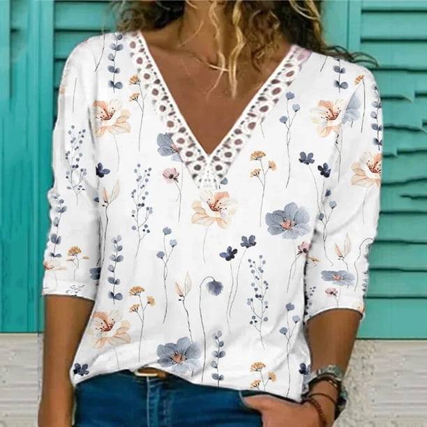 ICHUANYI ClearanceWomen's Fashion Printed Lace Sleeves Blouse V-Neck Casual Tops(White, XXL) ICHUANYI WER20232080500287