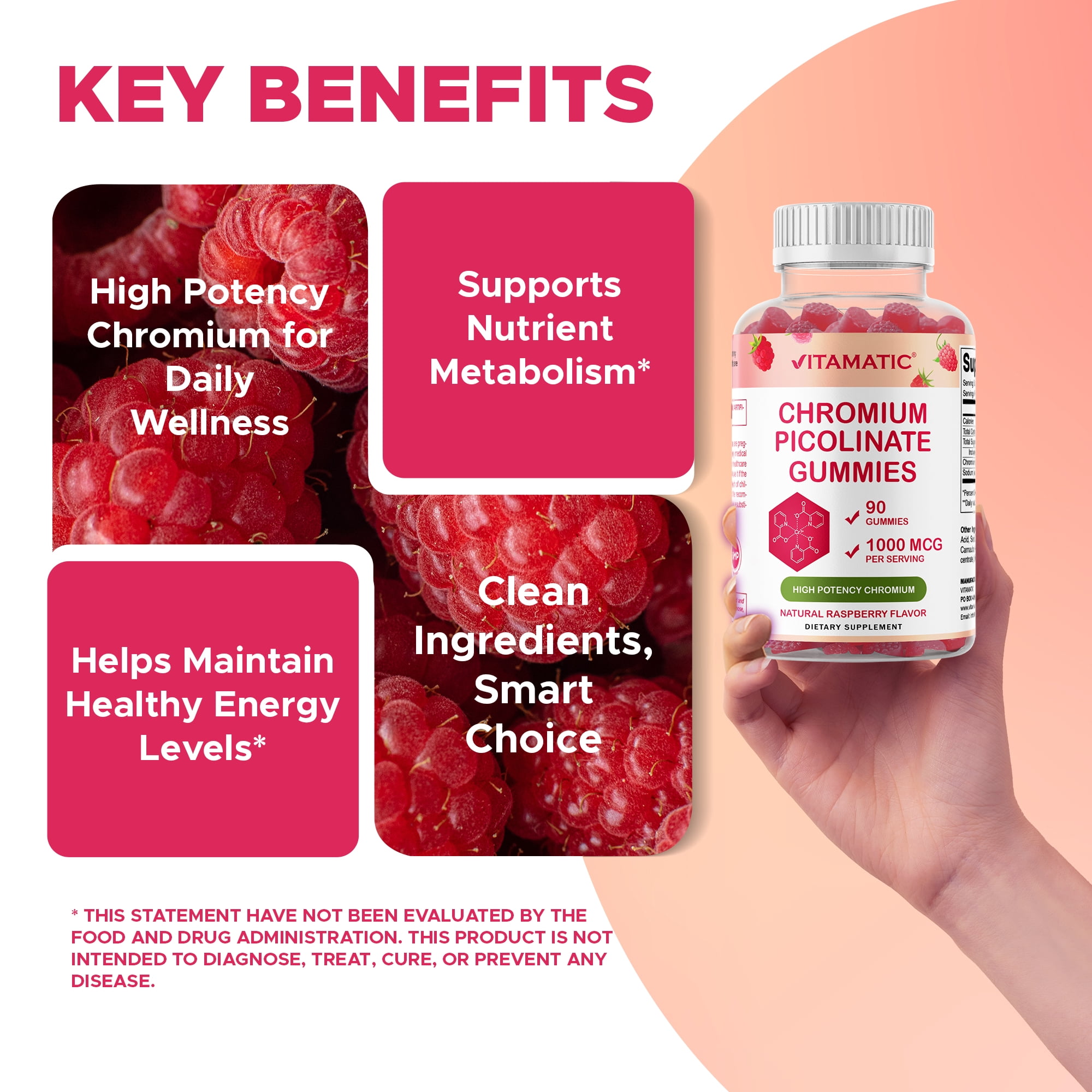 (3 pack) Vitamatic Chromium Picolinate 1000 mcg - 90 Gummies - High Potency Chromium - Raspberry Flavor
