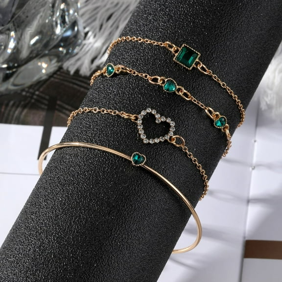 Ensemble: Heart Bracelet and Three Green Zircon Bracelets in a 4-piece Set