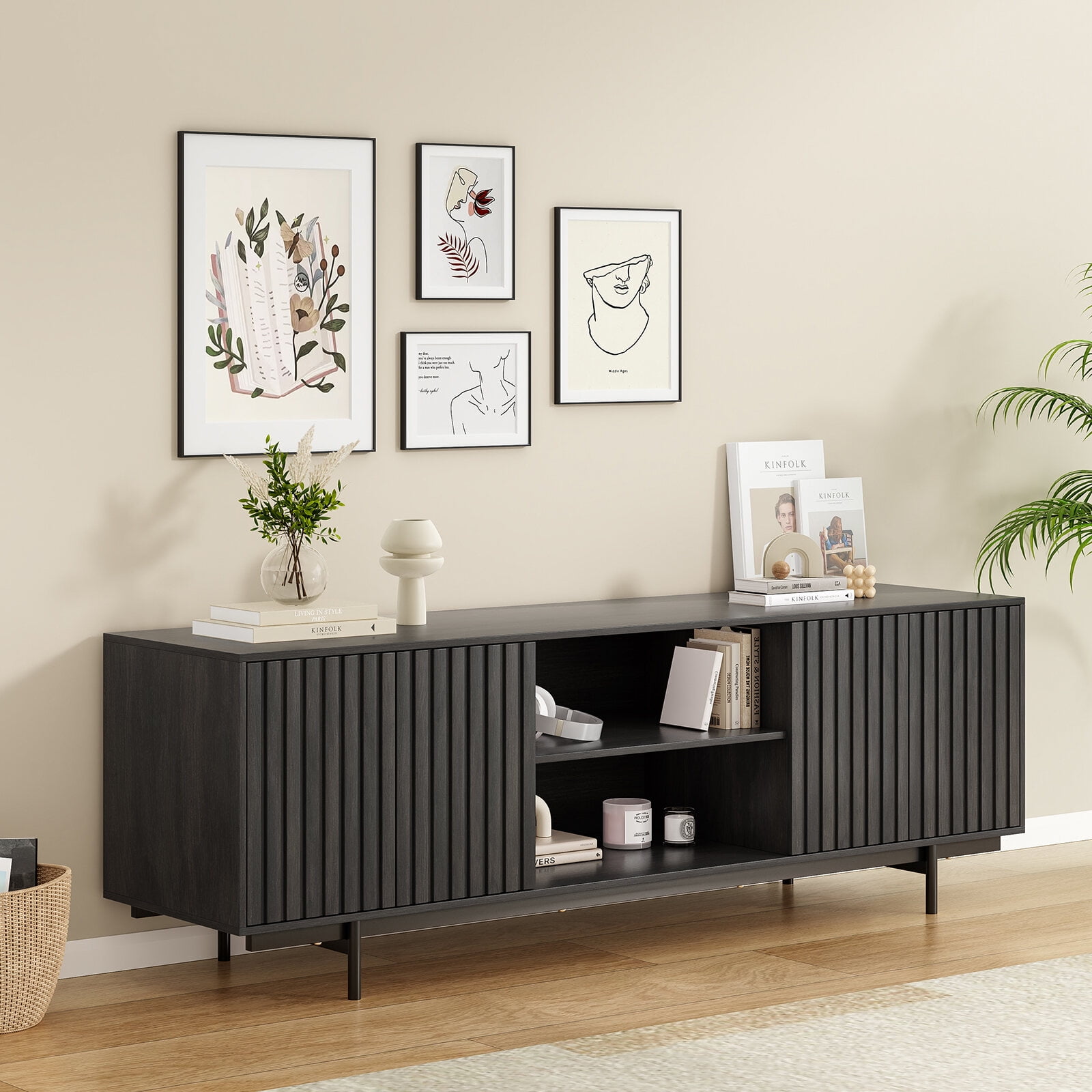 TV Stands With Storage Mid Century Modern TV Stand for TVs Up to 75", Farmhouse Fluted TV Stand, Retro Wood TV Stand with Storage and Shelf, Entertainment Center with Pop-Up Doors for Living Room, B