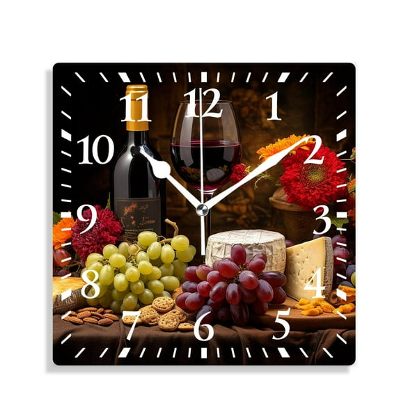 14 Inch Wall Clock Battery Operated Silent Clock Decorative for Office, Kitchen, Outdoor, Living Room，Wine and Grapes Print