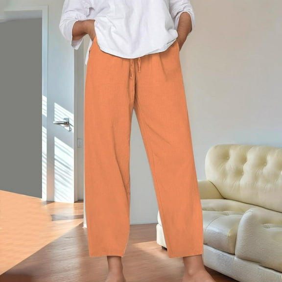 Capris Pants for Women Plus Size Summer Loose Cropped Pants for Women Drawstring High Waisted Loungewear Trouser Casual Beach Vacation Clothes Orange M