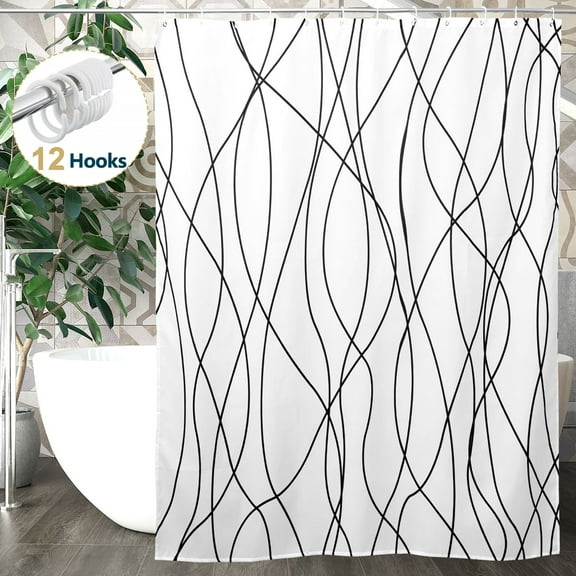 Dznils Striped Fabric Shower Curtain, Black and White Modern Minimalist with Hooks, 72" x 72"