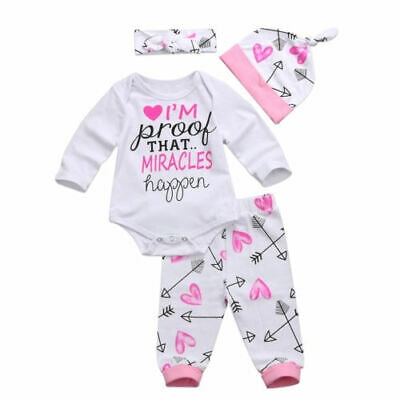 

Newborn Baby Girl Long Sleeves Romper Tops Pants Hat Headband 4PCS Outfits Set