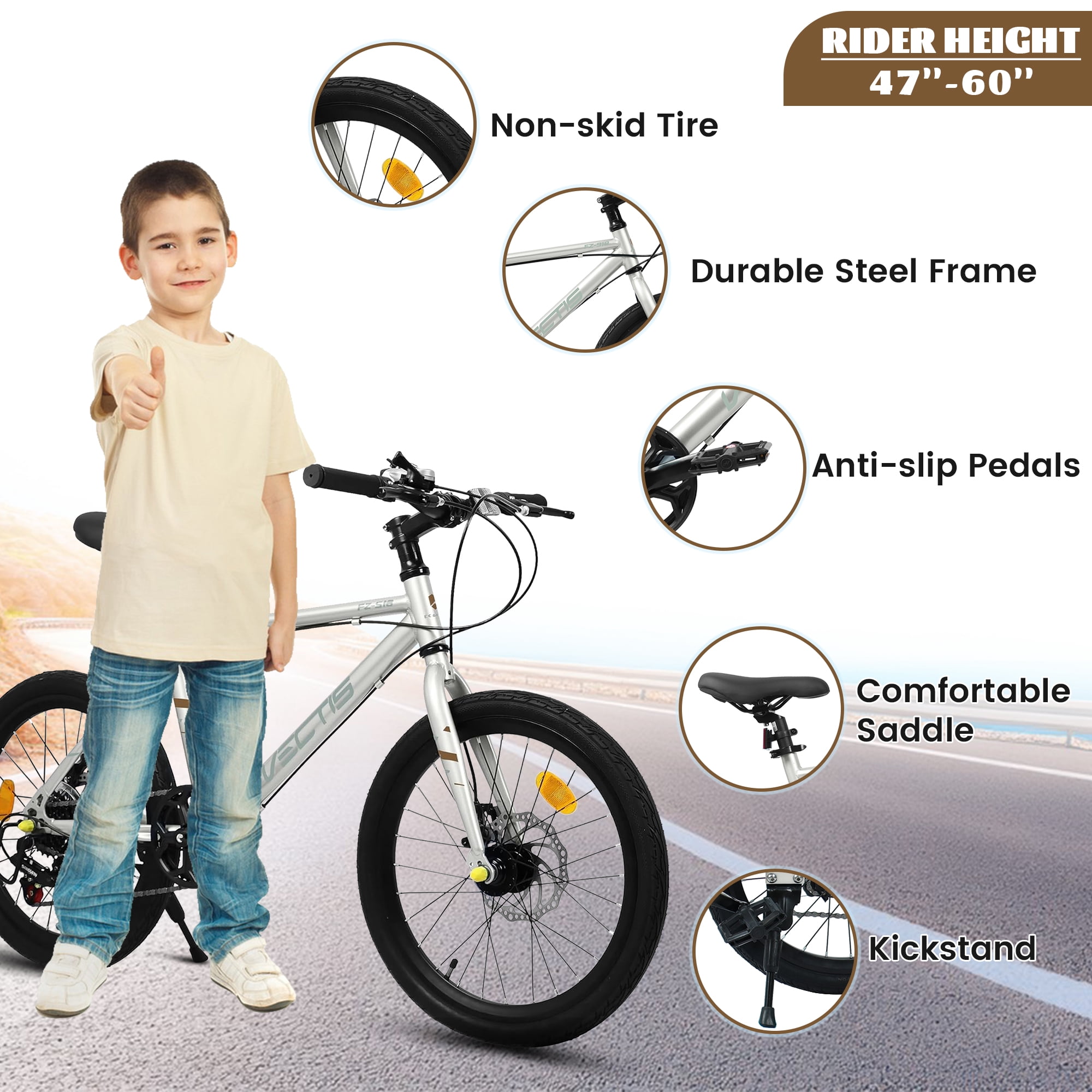 Aukfa 20" Kids Bike for Boys Girls,7-Speed Steel Frame,Dual Disc Brakes,Gray