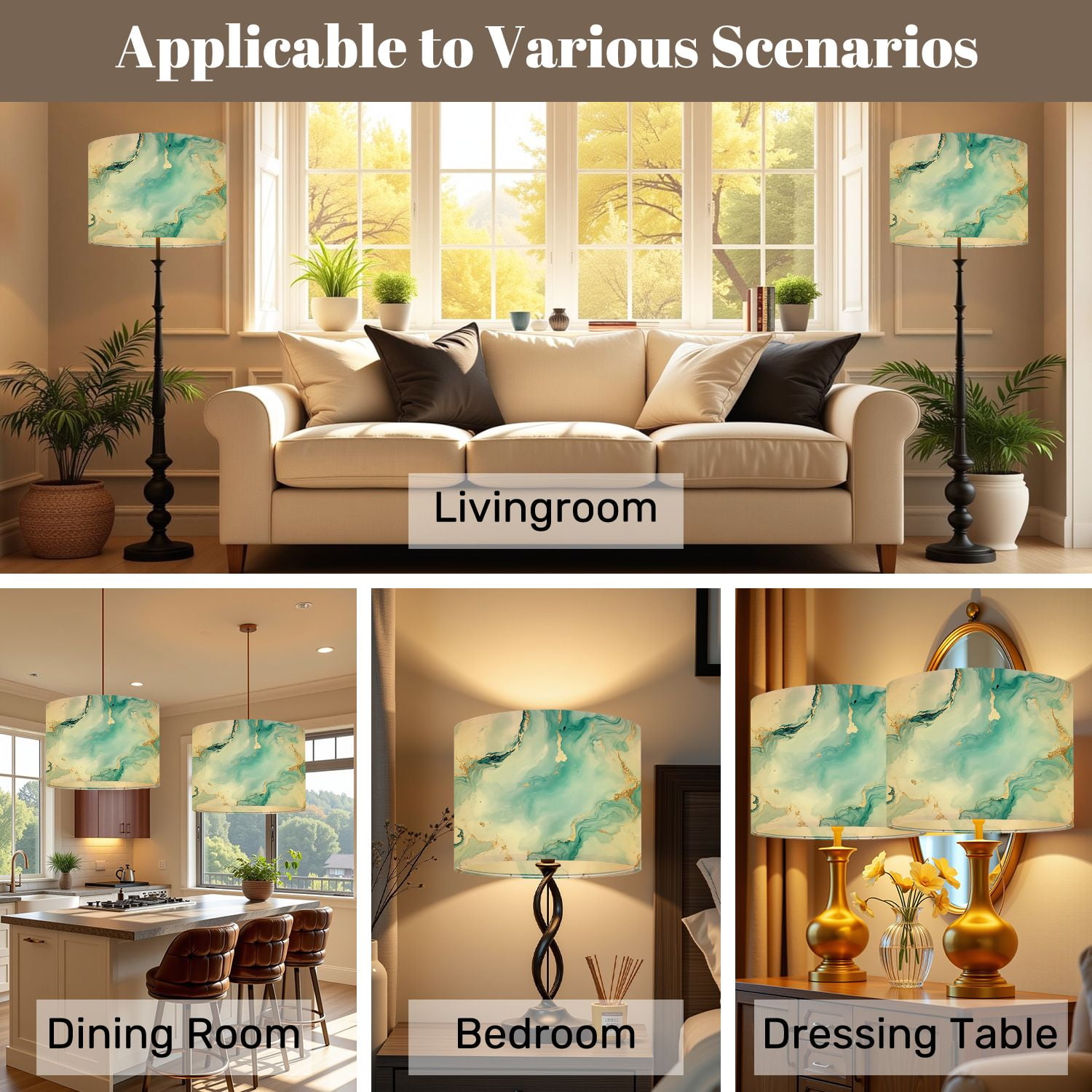 Lampshades 2 Pack Gold Alcohol Ink Marble Blue Oriental Green Marble 13"x13"x10" Light Shade for Table Lamps Floor Lamps Drum Lamp Shades Lampshade Replacement Easy Assembly