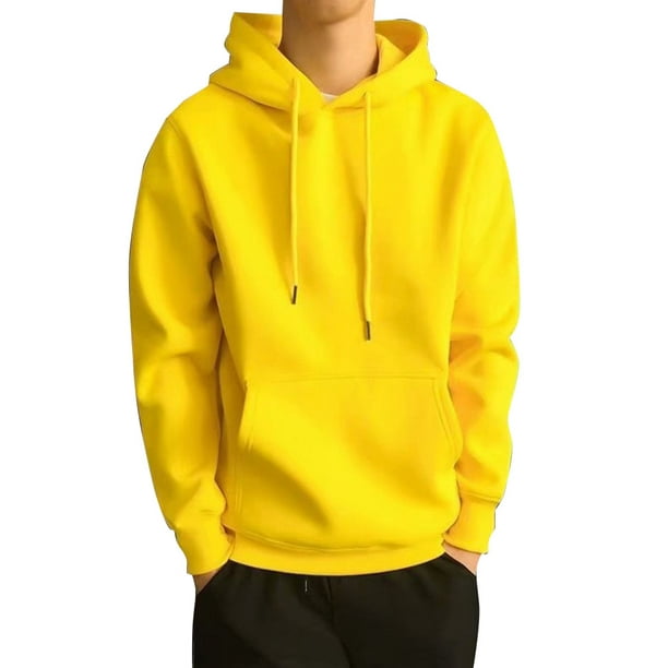 Men Kangaroo Pocket Plain-Colour Sweaters Hoodies for Winter Sports Casual  yellow XXL 
