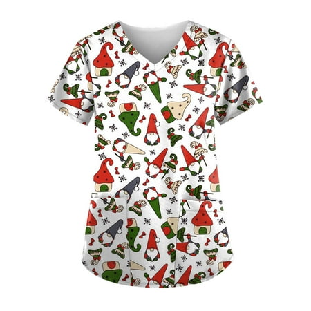 

Christmas Print Scrub Tops for Women Breathable Santa Claus Snowman Pattern V-Neck T-Shirts Tee Tops with Pockets