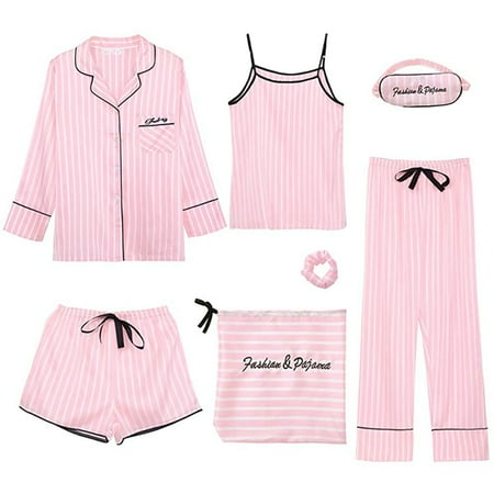 

BIZIZA Pajama Sets for Womens Shorts and Pants Nightwear Long Sleeve Cami 7 Piece Loungewear Graphic Silk Women s Sleepwear Pink XL