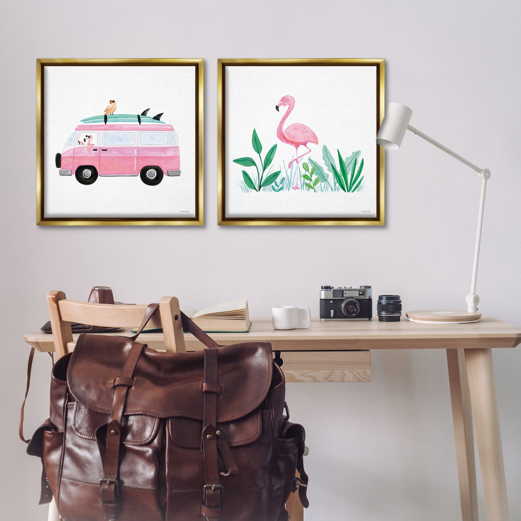 Stupell Industries Flamingos Tropical Vacation Transportation Painting Gold Floater Framed Canvas Art Print Wall Art, 25 x 25, Set of 2
