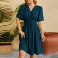 thumbnail image 2 of ZZwxWA Women's Summer Ruched Wrap Dress Empire Waist Short Flare Sleeve V Neck Dresses Casual Womens Midi Sundresses, 2 of 7