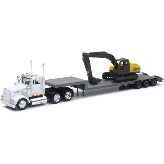 NewRay Kenworth W900 Lowboy Trailer with Construction Excavator, 1:43 scale