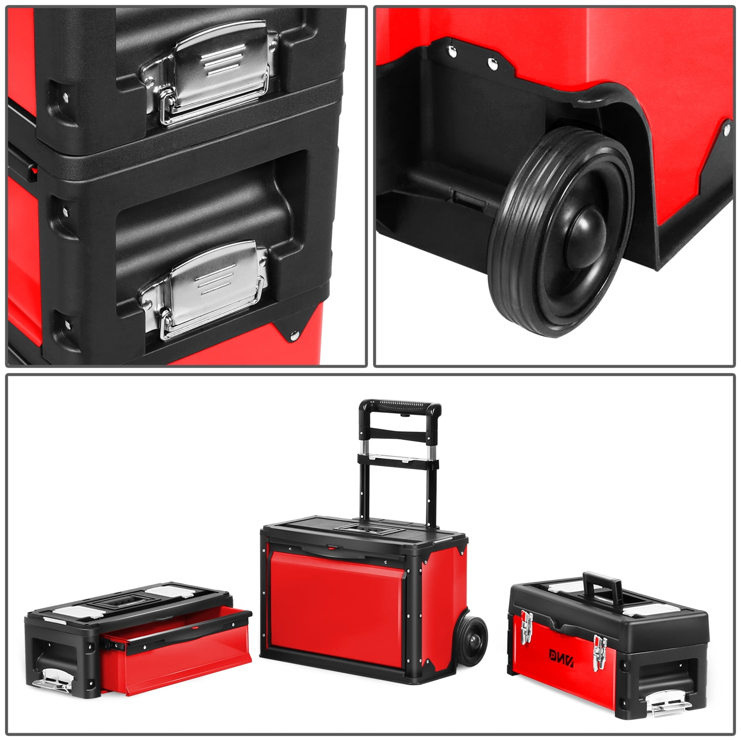 DNA Motoring 3-Tier Stackable Trolley Tool Box Storage Case Organize 19.5" x 28.5" x 12" Red