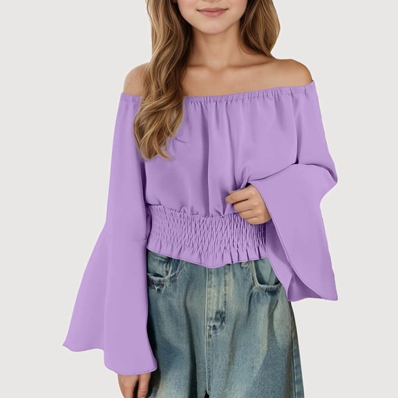 Gyujnb Solid Off Shoulder Flared Long Sleeve Top Casual Blouse Everyday Wear (Little Girls, Big Girls),14 Years
