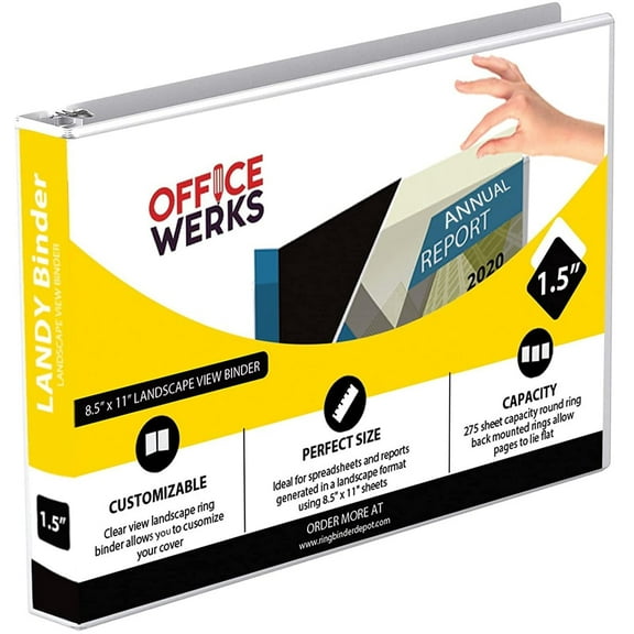 8.5" X 11" Landscape View Binder, 3-Ring Binder 1.5 Inch Capacity Round Ring, White Horizontal Formatted Binder with Clear Cover Pockets for Documents, Spreadsheets, Projects and More