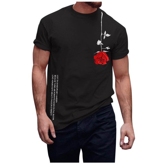 Rggeeun Men'S T-Shirts Cute Rose Floral Print Cotton Blend Lightweight Crew Neck Short Sleeve Relaxed Fit For Summer Travel Party Classic Tee,Black,L
