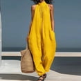 thumbnail image 2 of JULMCOMO Cotton Linen Jumpsuits for Women Collared Sleeveless Loose Fit Overalls Halter Eyelet Detail Casual Harem Pants with Pockets Yellow XL, 2 of 4