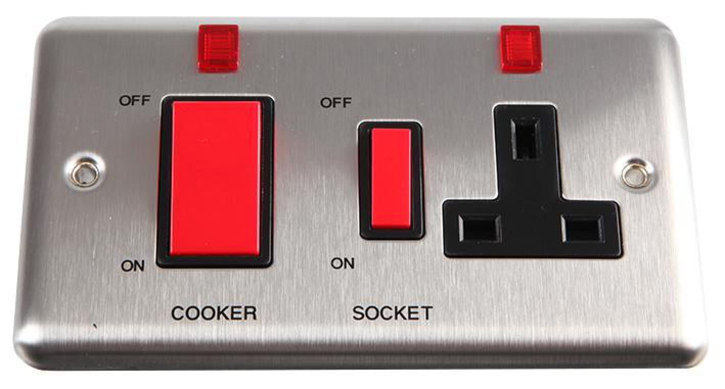 VOLEX 2 Gang Cooker Switch and Socket, Brushed Stainless Steel