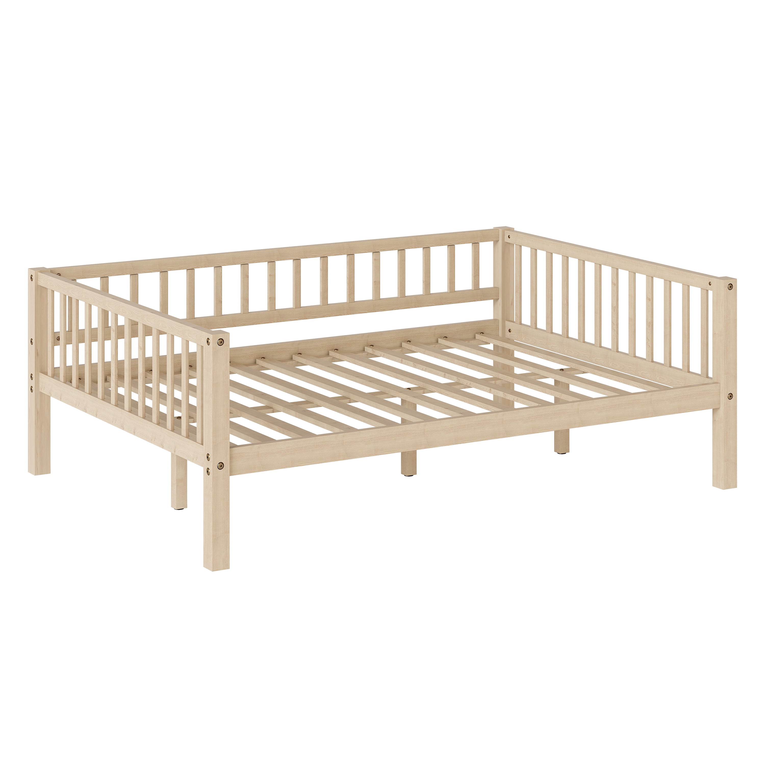 GARITIN Full Size Daybed, 3-Sided Vertical Slat Guardrail Bed Frame, Breathable Wooden Slat Support Leisure Bed for Home Bedroom Guest Room, Natural