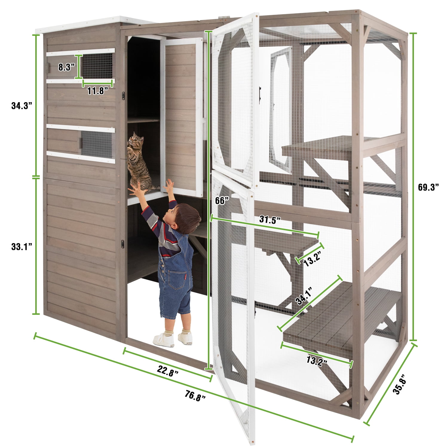 PETSCOSSET Catio Outdoor Cat Enclosures Wooden Cat House Weatherproof with Multi Platforms, Gray