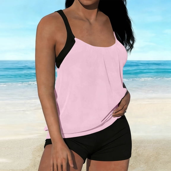 Tankini Bathing Suits for Women Summer Color Block Tummy Control 2 Piece Swimsuits with Boy Shorts Stylish Athletic Modest Swimwear Pink S