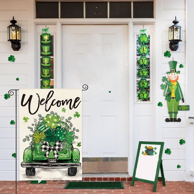 Letrero de jardín del Día de San Patricio de 30 x 45 cm, letrero para exteriores, decoraciones personalizadas para el Día de San Patricio, decoración de jardín de doble cara, regalo, banderas de lino