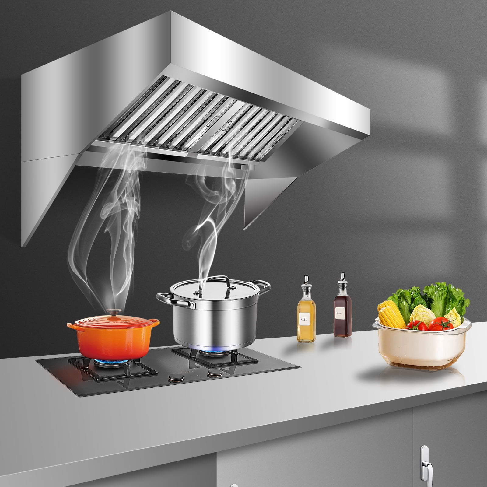 EastVita 5FT Commercial Exhaust Hood – 201 Stainless Steel Vent Hood with 2 Detachable U-Shaped Grid Oil Filter Mesh – Rust Resistant Kitchen Restaurant Hood