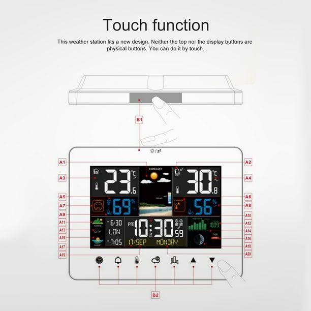 Amdohai Station météo pour lever et coucher du soleil, réveil  multifonction, thermomètre, hygromètre, fonctionnement à écran tactile avec  capteur extérieur sans fil 