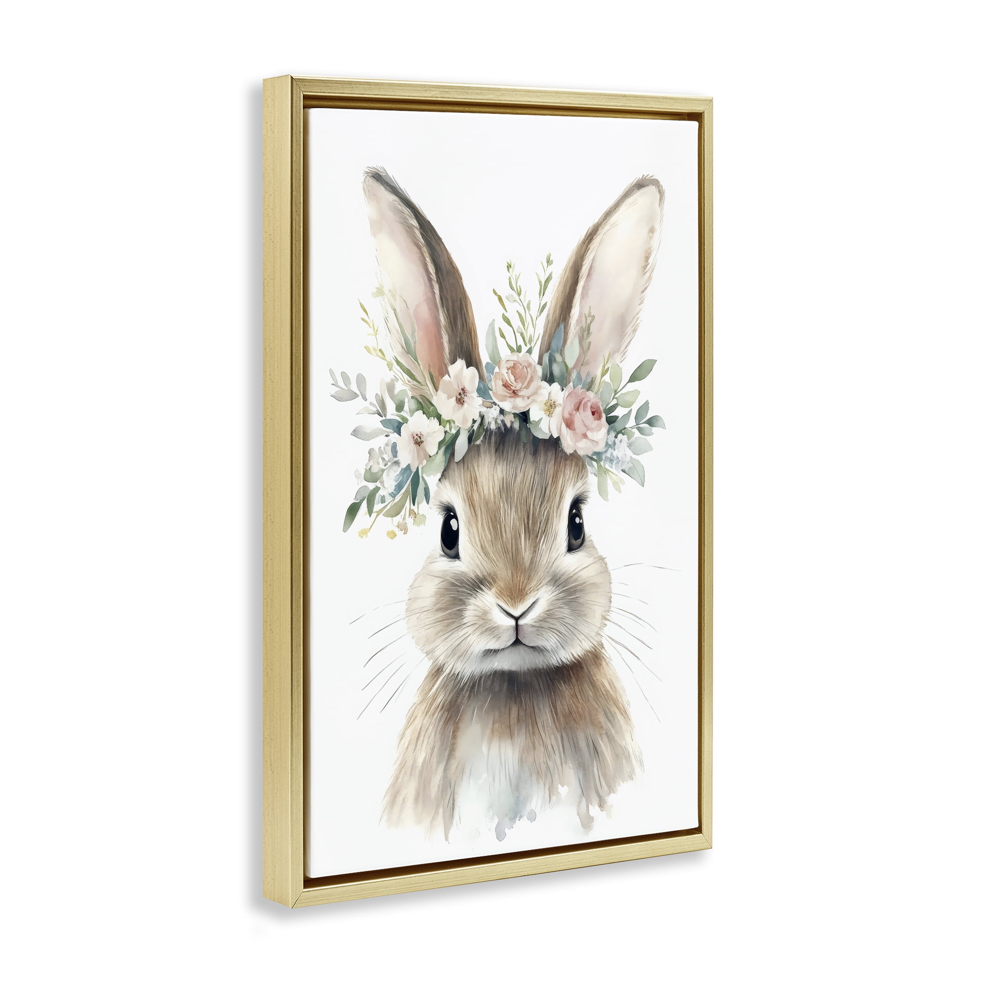 Stupell Industries Flower Adorned Baby Rabbit Gold Framed Floater Canvas Wall Art, design by Creative Studio
