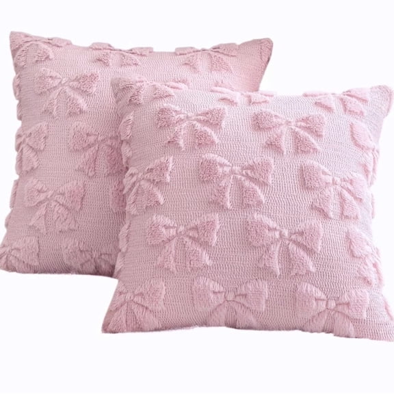 Pink Throw Pillows Covers 2pack Bow Fluffy Plush Aesthetic Pillow Covers for Bed Sofa 18 x 18in(Without Core)