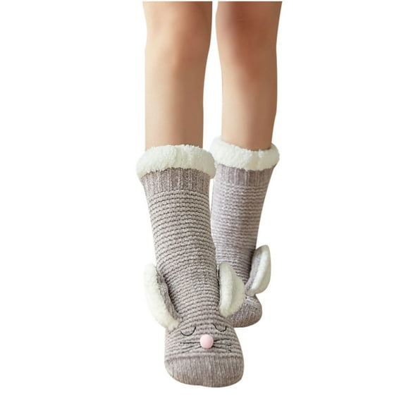 Lovskoo Slipper Socks for Women Mid-Calfgirls Winter Rabbit Ears Thicken Warm Non-Slip Combed Tube Socks Floor Middle Slipper Socks Cute Novelty Crew Socks Gray