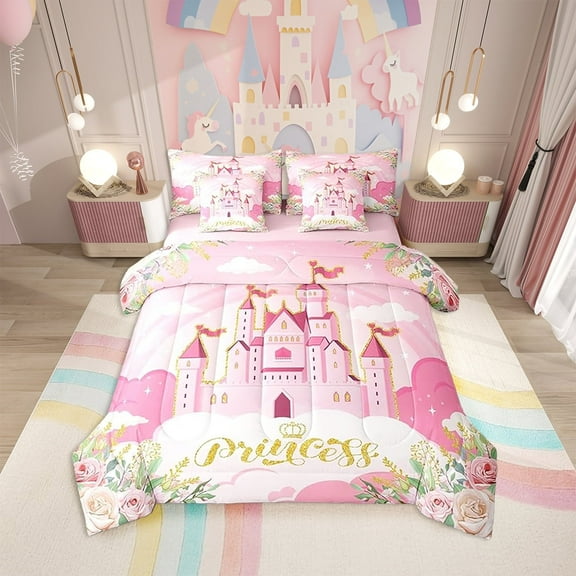 Erosebridal Pink Girls Comforter Set 7 Pieces for Girls, Cartoon Castle Pink Bed Set,Dreamy Fairy Tale Bedding Soft Microfiber Princess Comforter Set Queen Size, Pink Reversible