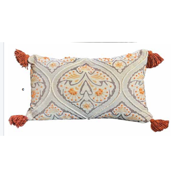 terracotta, mustard and gray lumbar pillow with 4 tassels 24x14