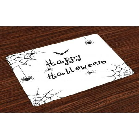 Spider Web Placemats Set of 4 Happy Halloween Celebration Monochrome Hand Drawn Style Creepy Doodle Artwork, Washable Fabric Place Mats for Dining Room Kitchen Table Decor,Black White, by Ambesonne