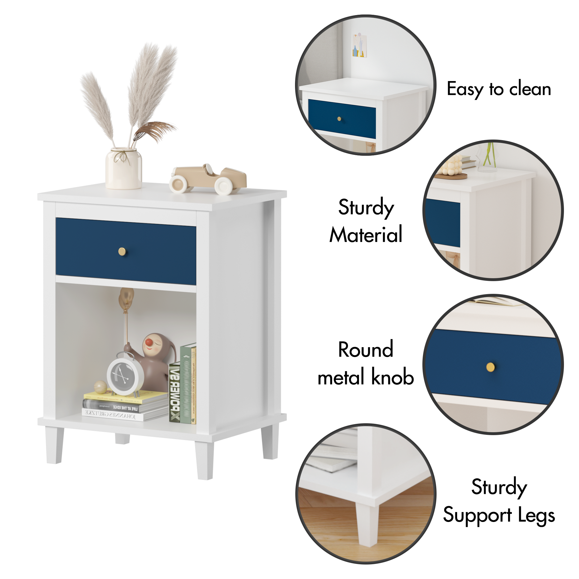 Jopath Wooden Nightstand with One Drawer & One Shelf for Kids, Adults,26.77''H,Navy02