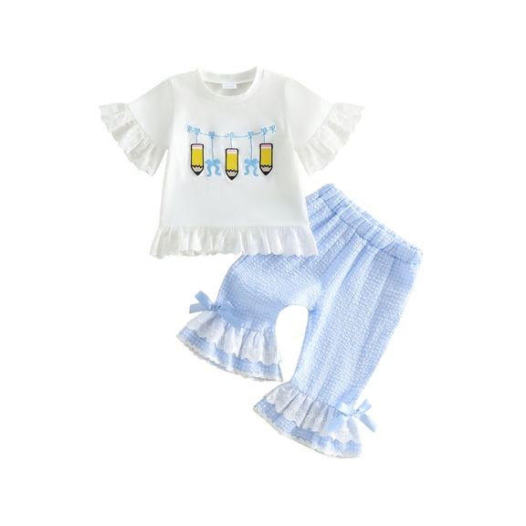 BemeyourBBs Toddler Baby Girl Back to School Outfit Kids Pre Kindergarten Outfits Little Baby Girl Summer Clothes Short Sleeve Ruffle Trim Bow Pencil Print T Shirt Tops Flared Pants Sets