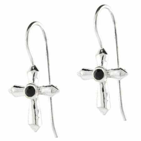 - Silver Fish hook Cross Black stone Earrings
