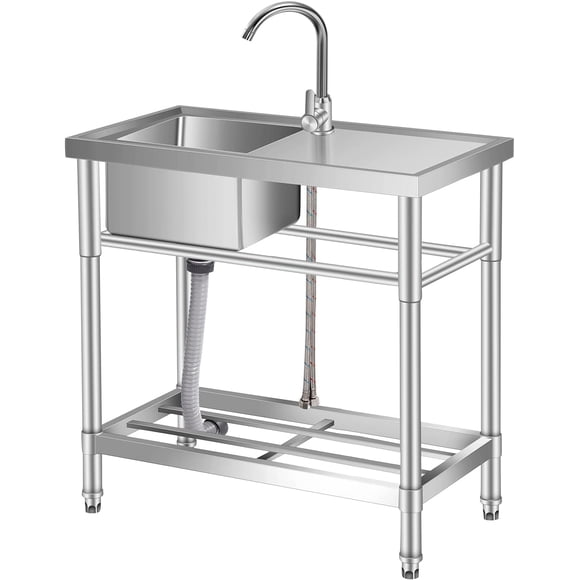 Ourlova 30" Stainless Steel Free Standing Single Bowl Utility Sink with Hot and Cold Water Pipes, Commercial Laundry Sink