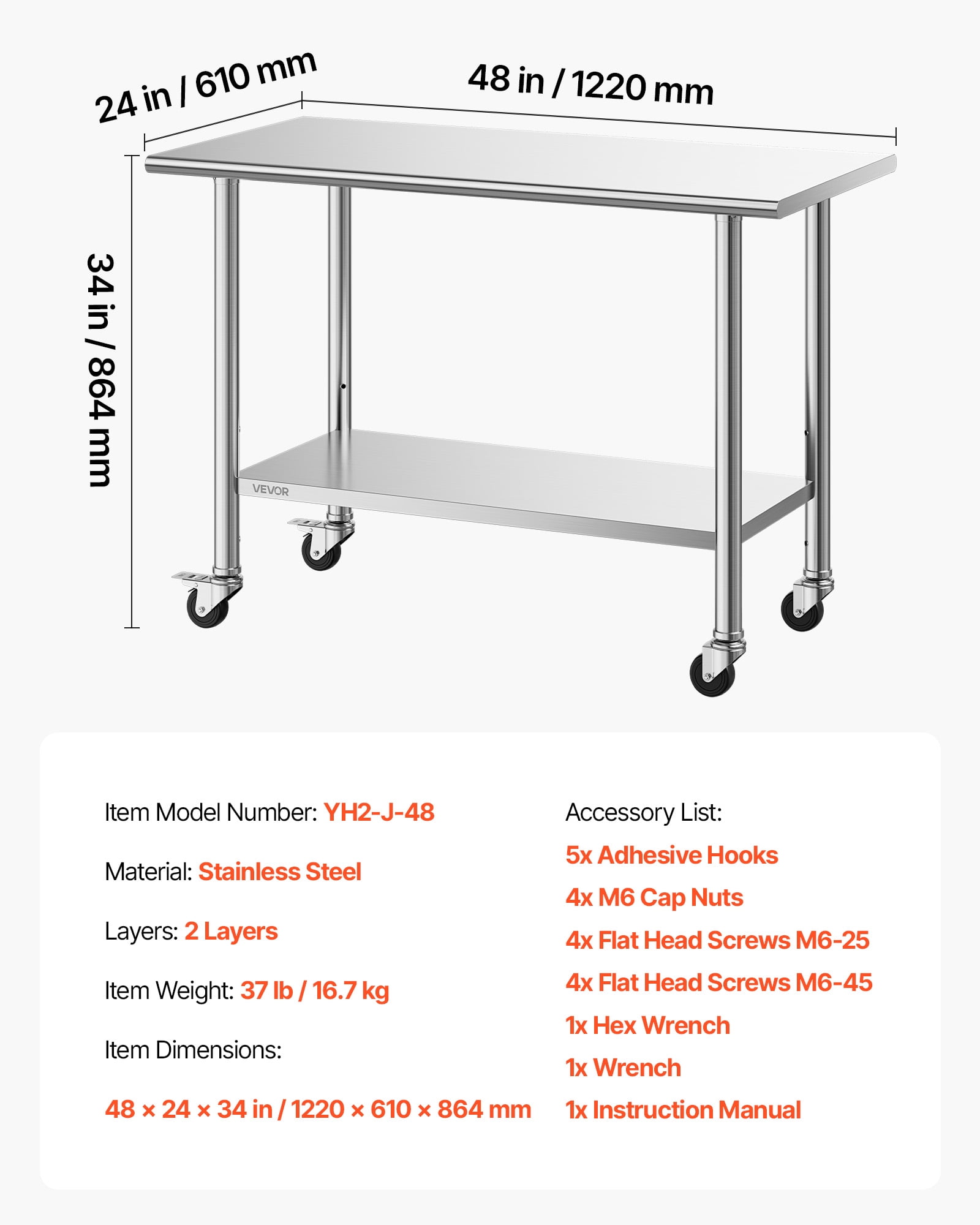 VEVOR Stainless Steel Work Table, 24x48 inch Food Prep Table with Wheels and Backsplash, Commercial Kitchen Workstation with Adjustable Undershelf, Metal Utility Worktable, for Restaurant Home