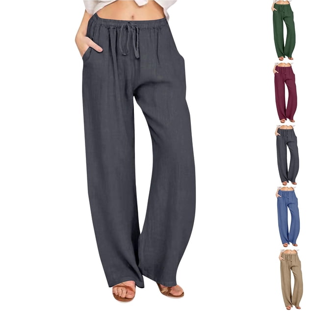 Sentmoon Linen Pants Solid Color Drawstring Elastic Waist Lightweight Summer Pants Women Oversized Relaxed Fit Wide Leg Wide Leg Sweatpants Women for Summer and Hot Weather