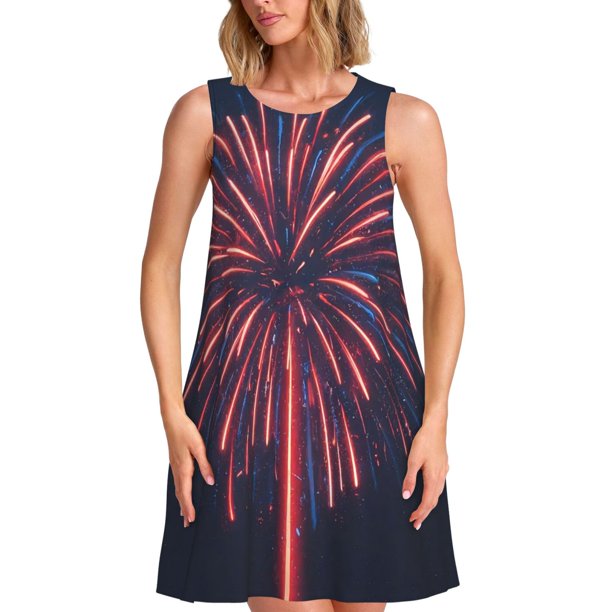 Balery Fireworks3 Vestidos de verano para mujer con estampado: vestido holgado sin mangas, vestido playero informal y cómodo para días calurosos.