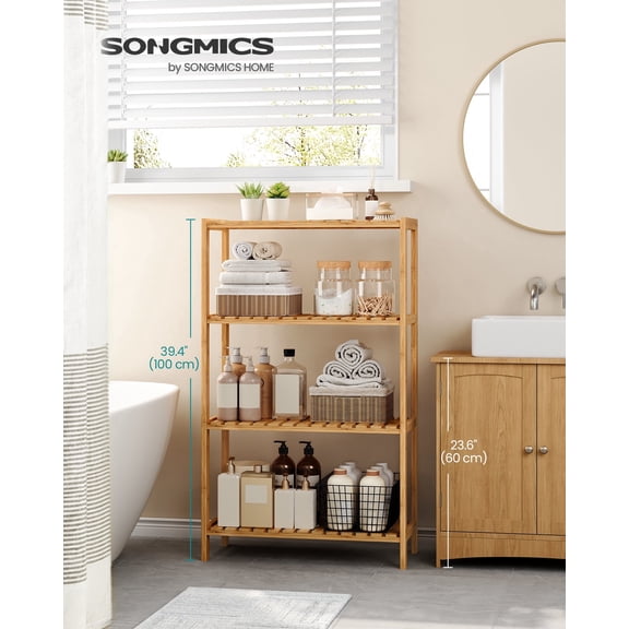 4-Tier Bamboo Storage Shelf with Adjustable Height, 23.6x39.4 Inch Multifunctional Rack for Bathroom Kitchen Entryway, Light Bamboo