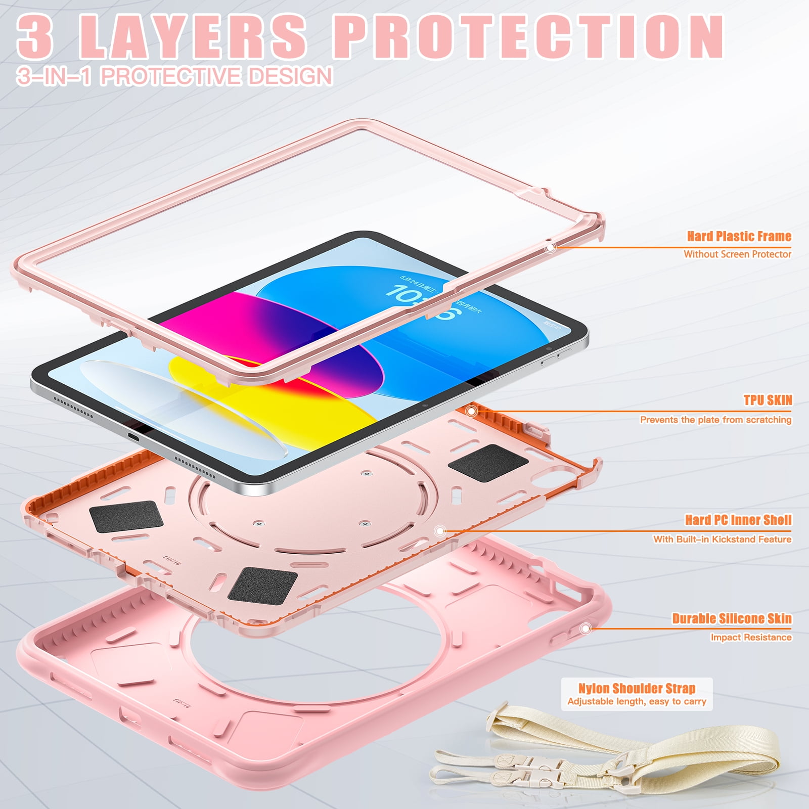 ELEHOLD Case for Apple iPad 10th Gen, Portable Hybrid Shockproof iPad Case with Pencil Holder & Hanging Ring Handle Rotatable Kickstand,Pink