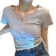 thumbnail image 2 of Camiseta ajustada para mujer, color gris, con escote en V fruncido y cordones laterales, 2 of 8