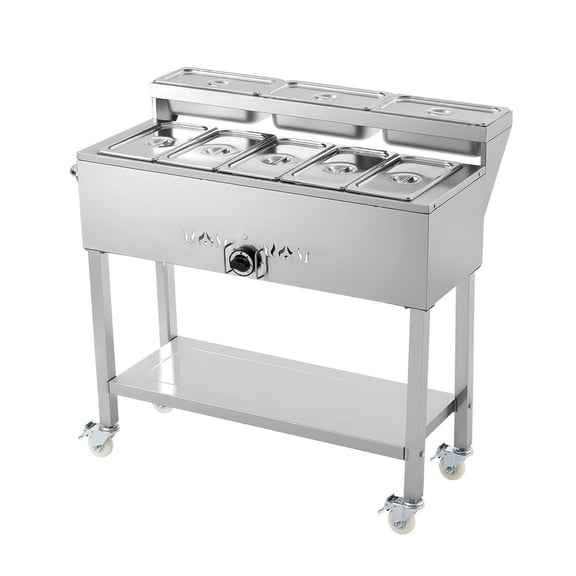Propane Steam Table Food Warmer - 5 Pan Commercial Range - Outdoor Catering Warmer with Condiment Holders