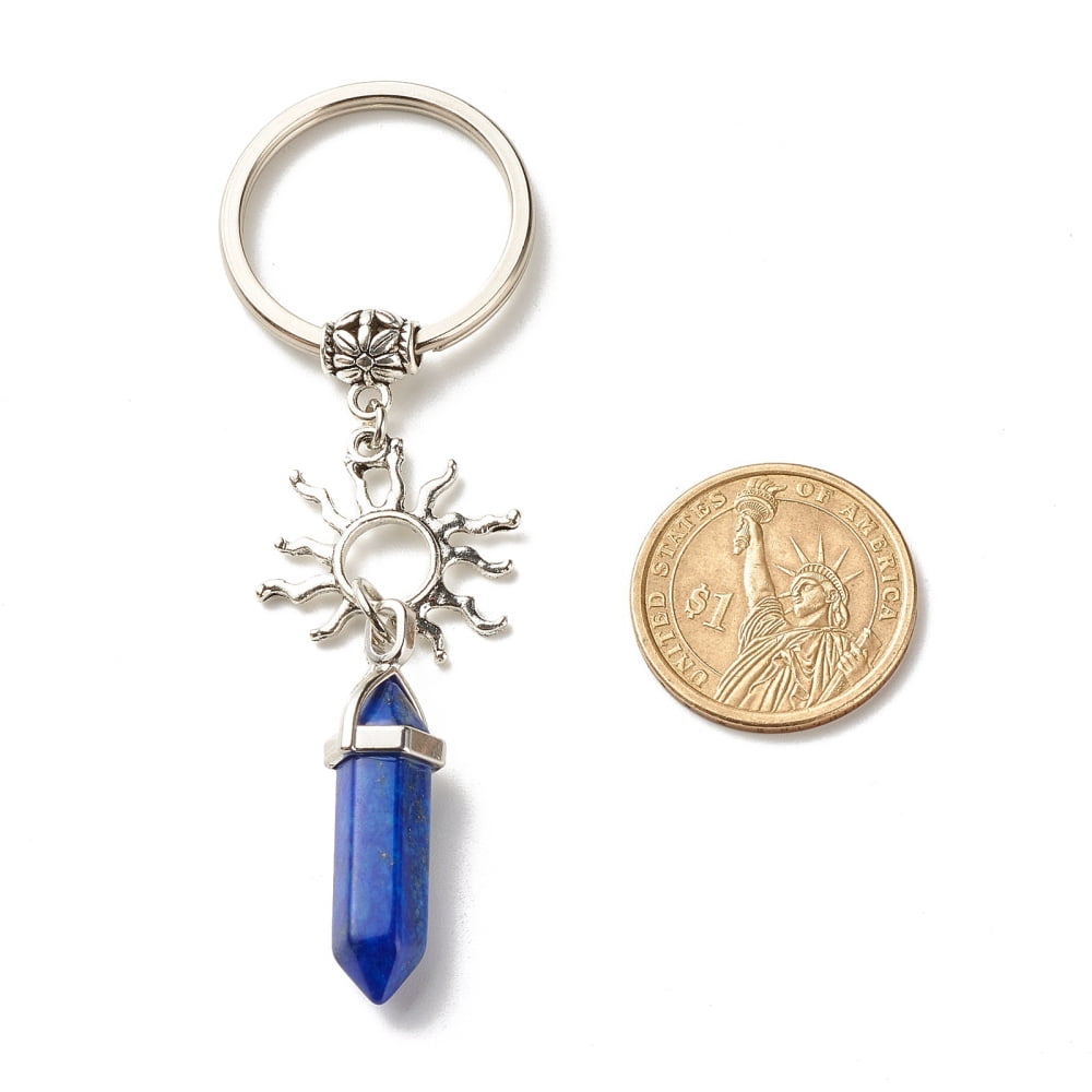 Natural Mixed Gemstone Keychain with Tibetan Style Alloy Pendants Charm Carrier Barrel Tube Bails and Iron Split Key Rings Sun with 9.8cm