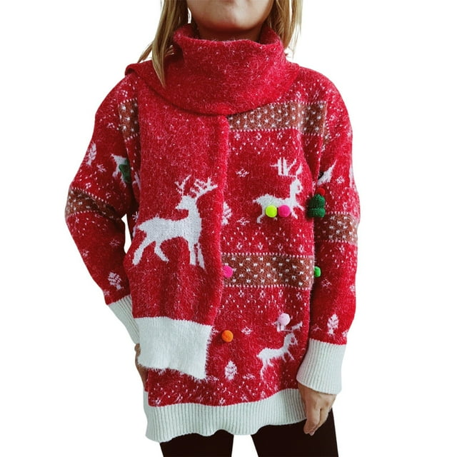 Gibobby Suéter Abrigo Mujer Conjunto de dos piezas de bufanda para de Navidad, tejido de otoño e invierno, imitación de visón, , de nieve, Jacquard, colorido, para mujer (Rojo, S)