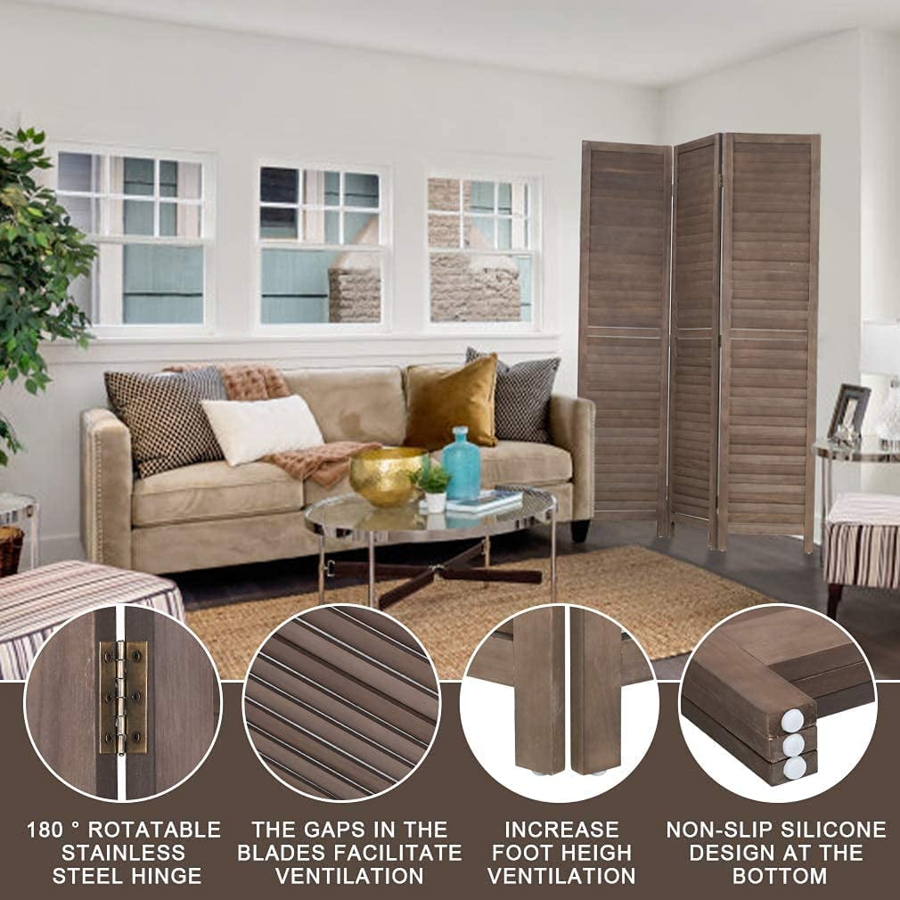 NiamVelo 3 Panel Wood Room Divider 67.7" Tall Folding Privacy Screen Wall Divider for Home Office, Brown
