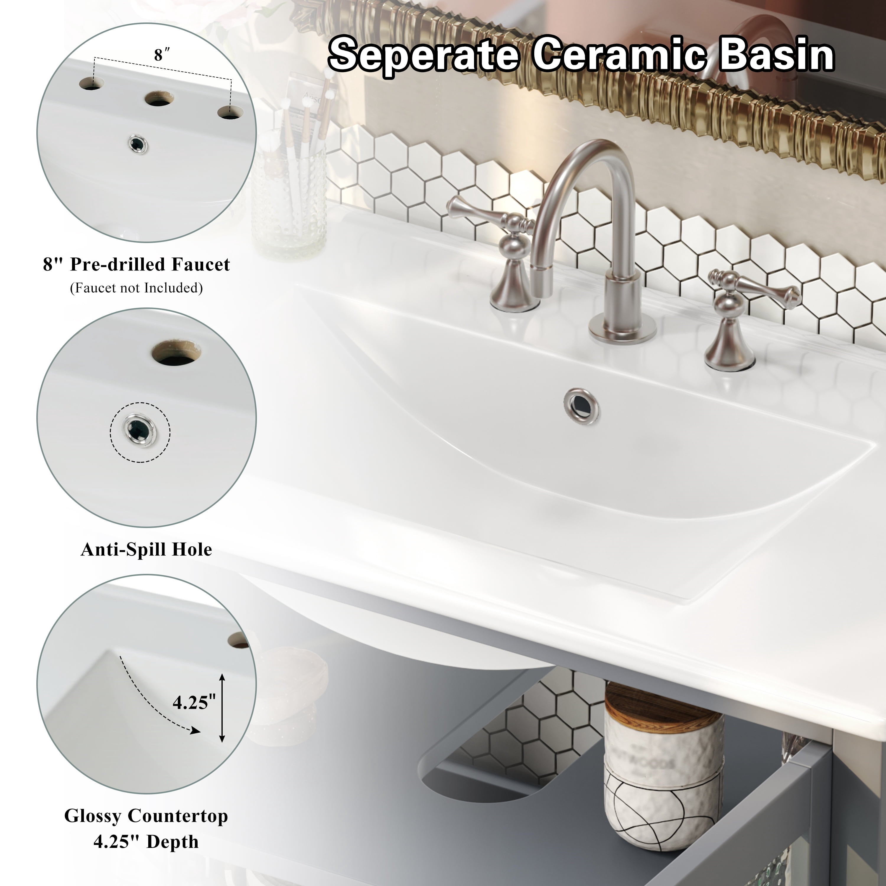 Euroco 36" Bathroom Vanity with Ceramic Sink, Textured Glass Doors, Solid Wood Legs, and Open Shelf – Modern Storage Solution